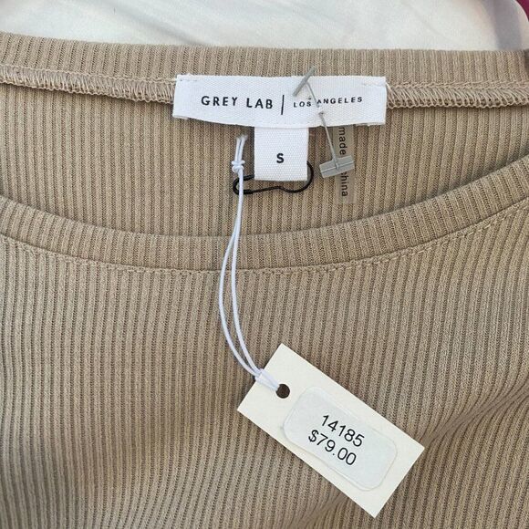 NWT Grey Lab Beige Tan Cropped Crewneck Ribbed Shrug Long-Sleeve Top Size Small - Picture 4 of 6